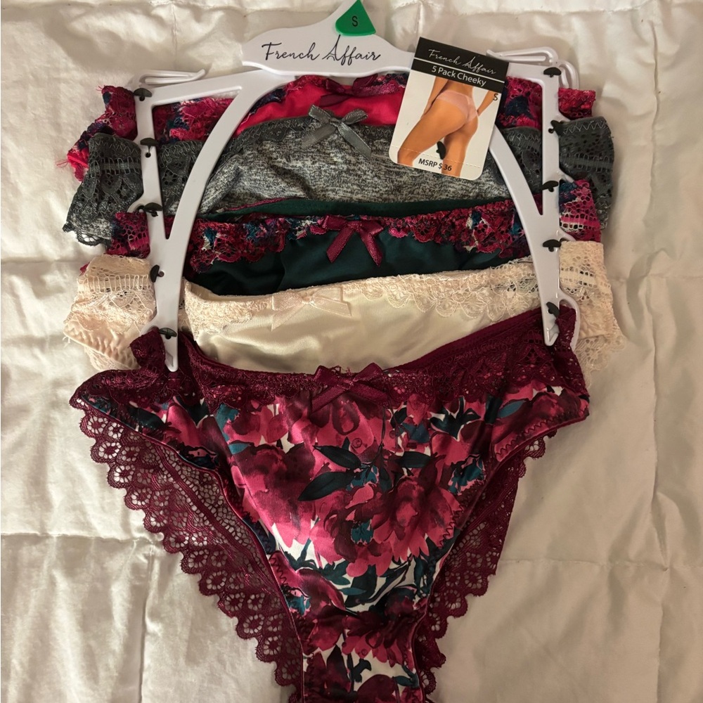French Affair Floral Lace Panty Set - Burgundy, Cream, Gray, green. Cheeky fit